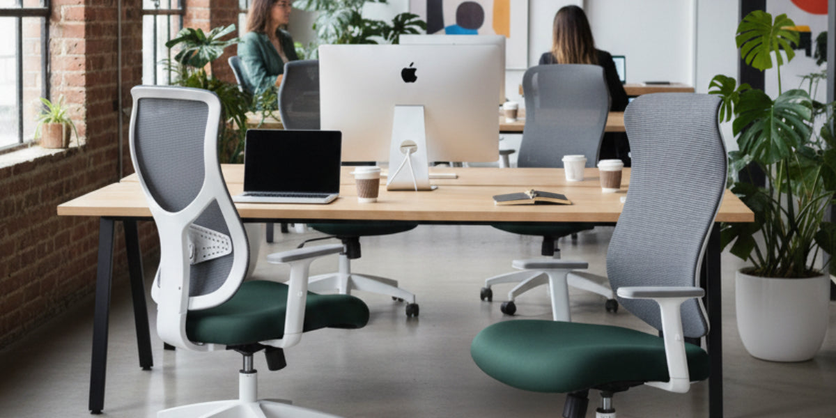 Sillas de oficina ergonómicas con respaldo de malla en un espacio de trabajo open space.