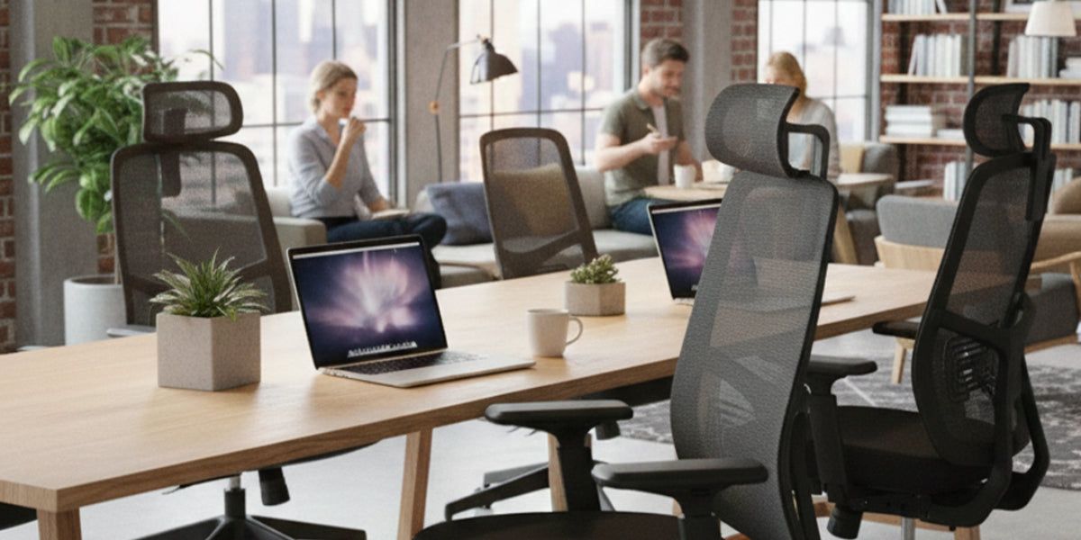 Sillas de oficina ergonómicas con respaldo de malla negra rodeando una mesa colaborativa de madera con ordenadores portátiles.