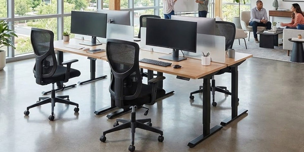 Islas de escritorios elevables con estructuras negras, sobres de madera y sillas de oficina ergonómicas en un entorno corporativo.