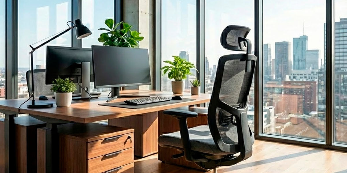 Silla de oficina ejecutiva con reposacabezas junto a un escritorio de madera 