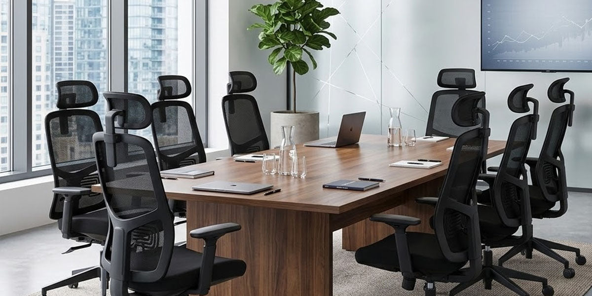 Sillas ergonómicas de malla negra dispuestas alrededor de una gran mesa de reuniones de madera en una sala de juntas corporativa.